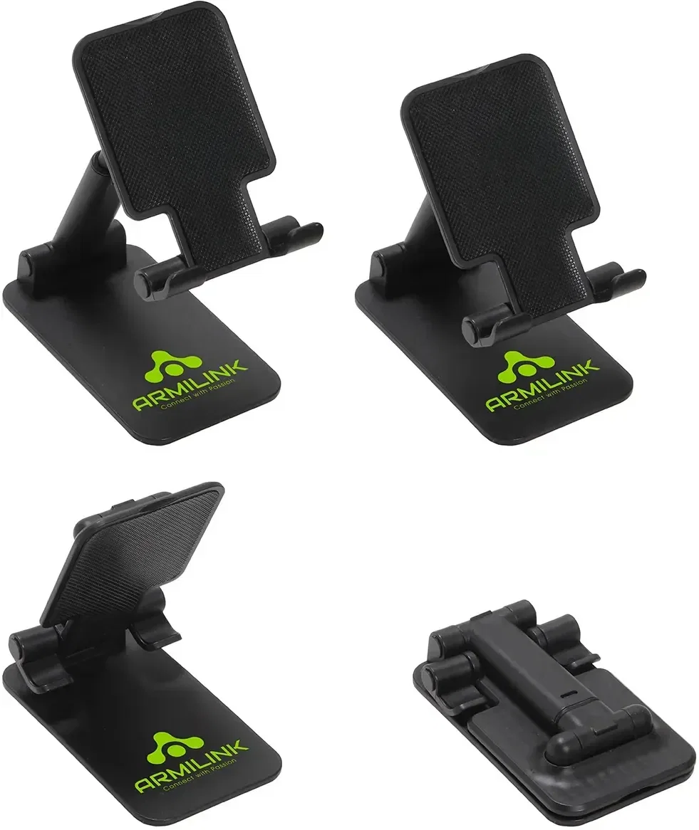 Promotional branded Easel phone stand adjusted for angle and height, side view with logo