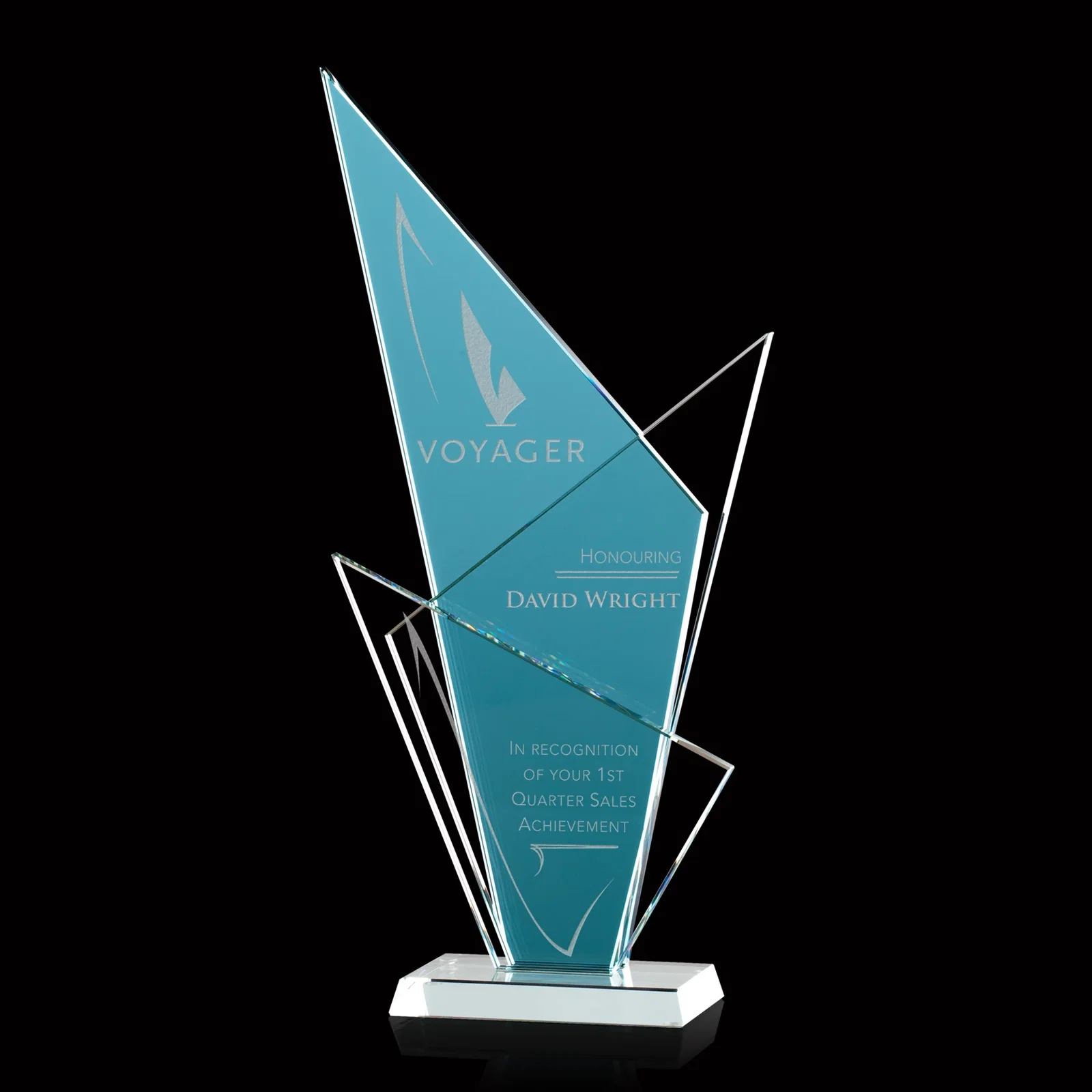Custom Starfire Glass Triple-Triangle Award With Rear Teal Panel for employee recognition