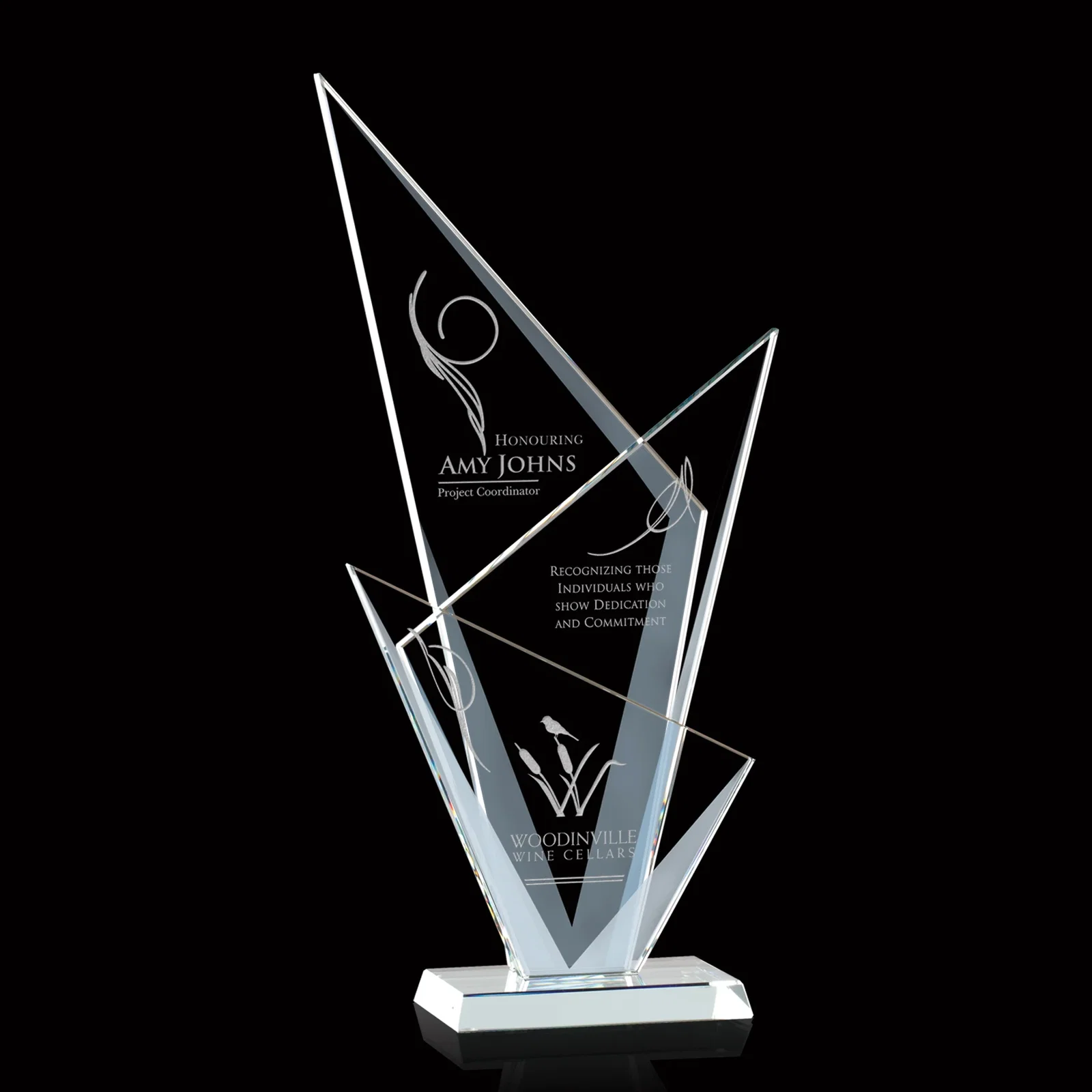 Custom Starfire Glass Triple-Triangle Award With Rear Teal Panel for corporate award ceremonies