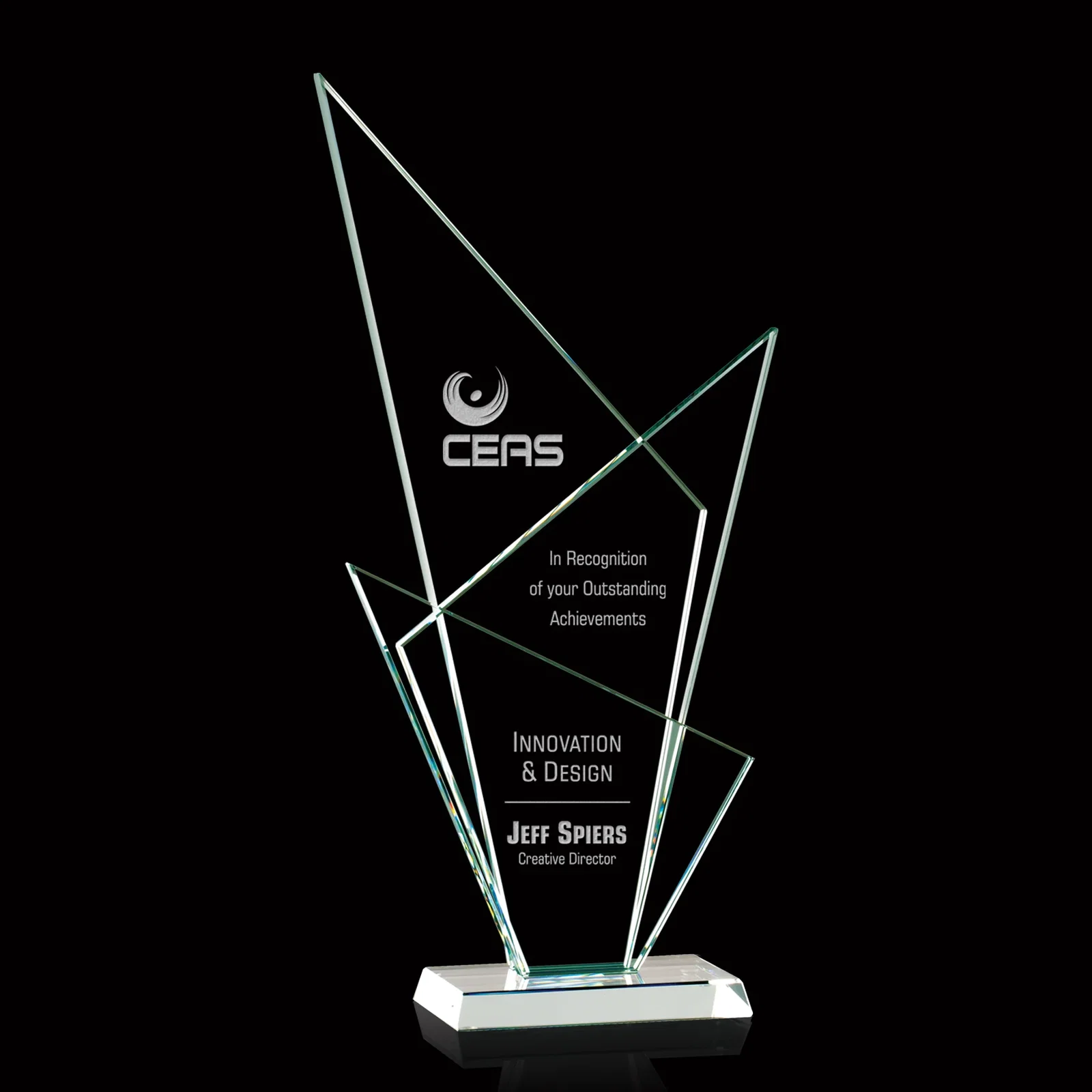 Custom Starfire Glass Triple-Triangle Award With Rear Teal Panel for service anniversary gifts