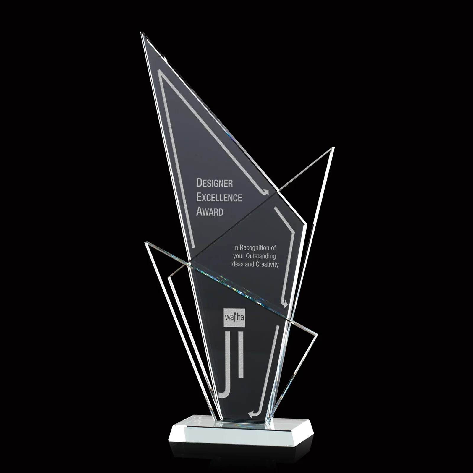 Custom Starfire Glass Triple-Triangle Award With Rear Teal Panel for sales achievement awards