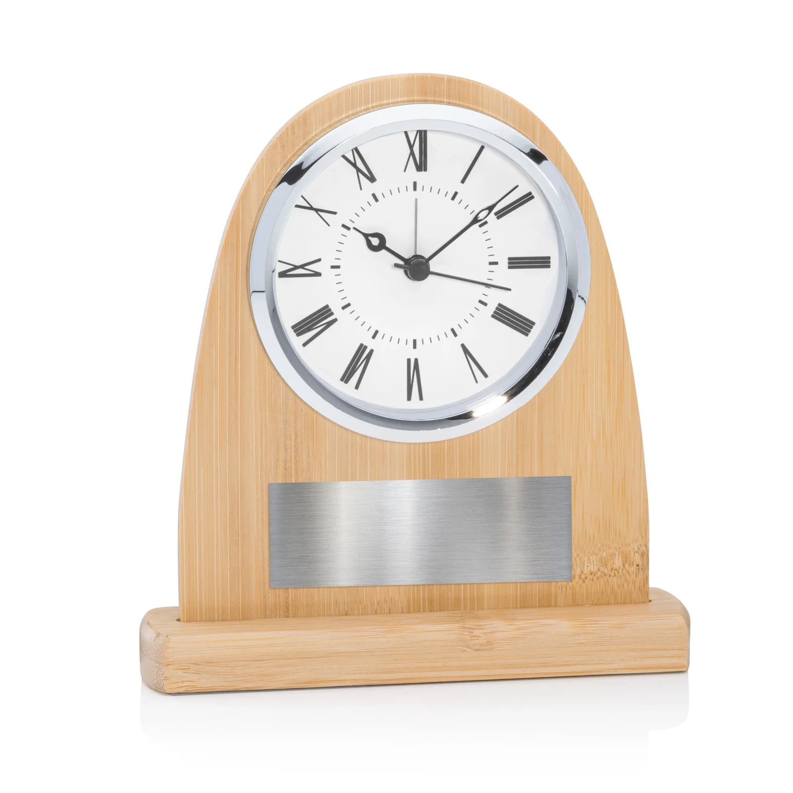 Custom Bamboo Desk Clock with Silver Engraving Plate for corporate award ceremonies