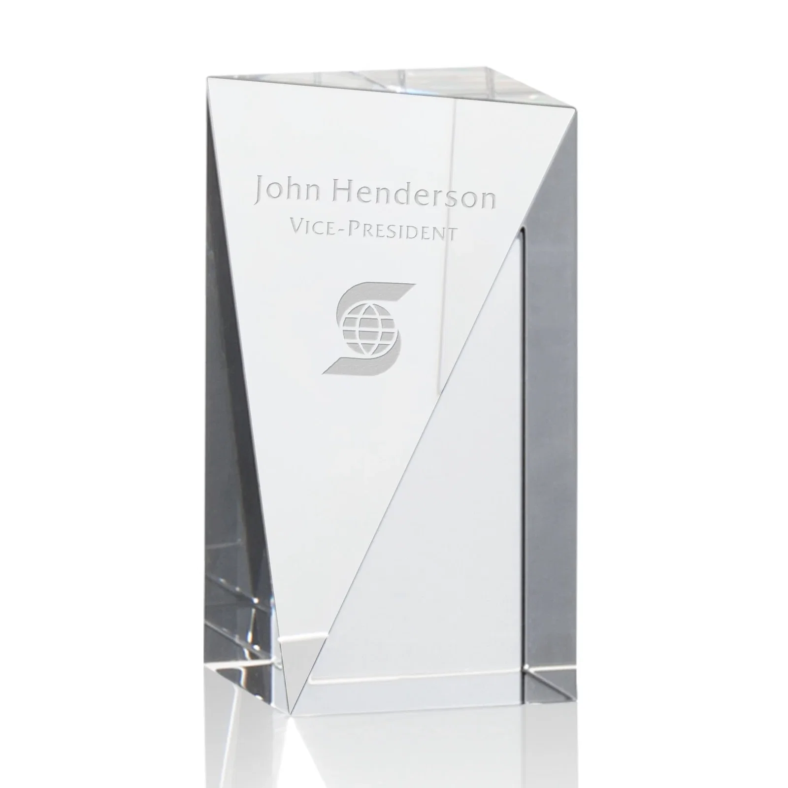 Custom Optical Crystal Pyramid Award with Sloped Icy Bevels for corporate award ceremonies