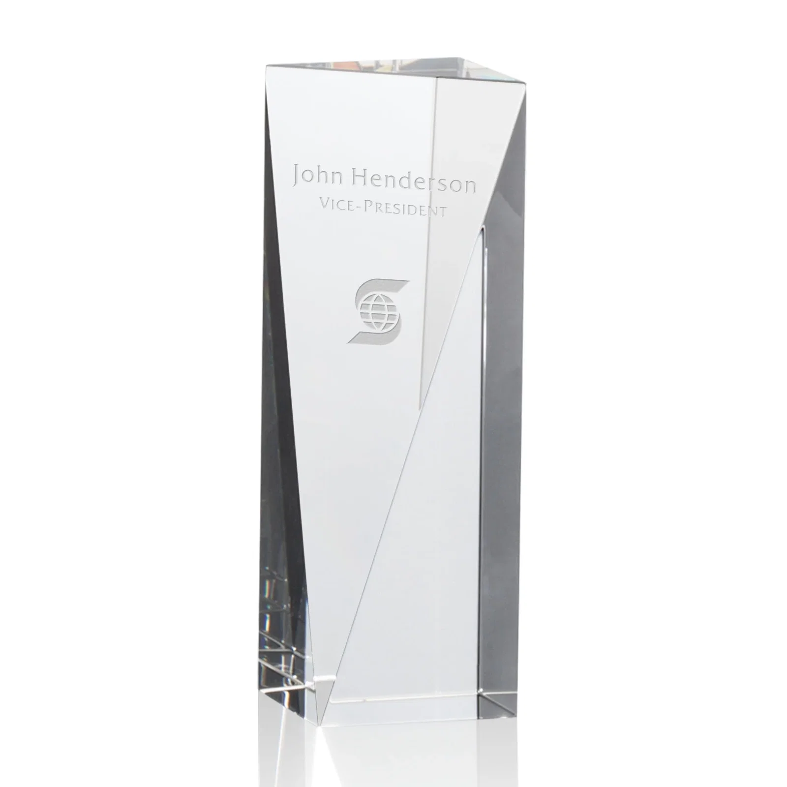 Custom Optical Crystal Pyramid Award with Sloped Icy Bevels for service anniversary gifts
