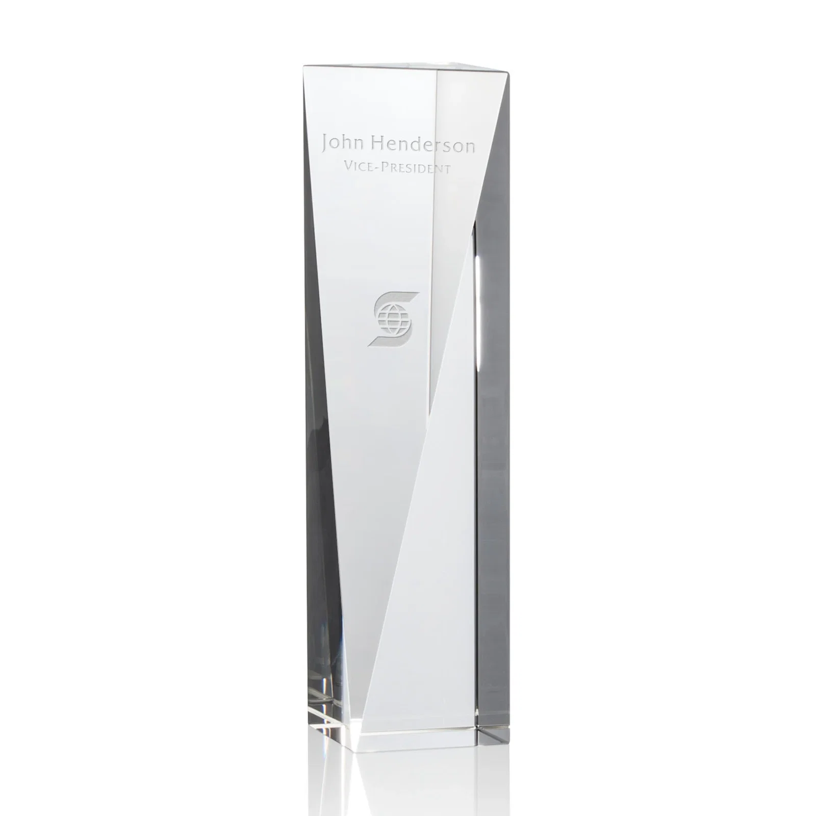 Custom Optical Crystal Pyramid Award with Sloped Icy Bevels for retirement presentations