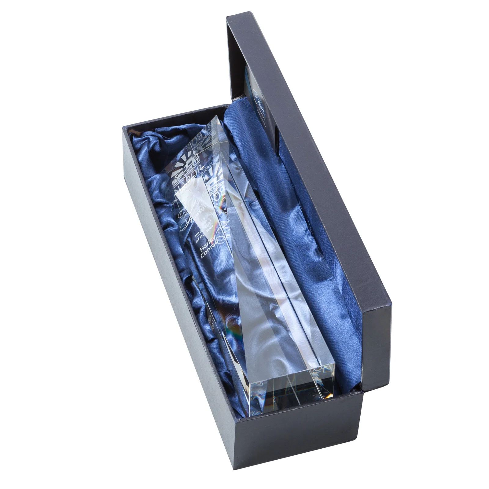 Custom Optical Crystal Pyramid Award with Sloped Icy Bevels for donor appreciation