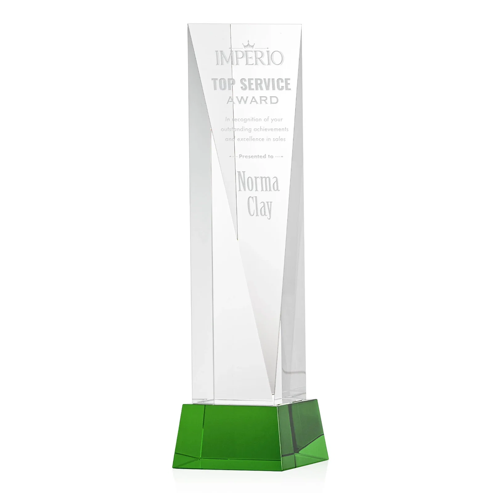 Personalized Optical Crystal Elongated Triangle Award on Square Base for employee recognition