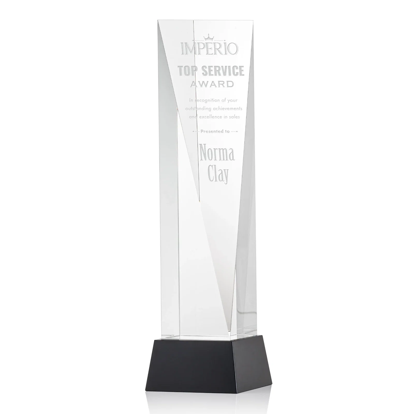 Personalized Optical Crystal Elongated Triangle Award on Square Base for donor appreciation
