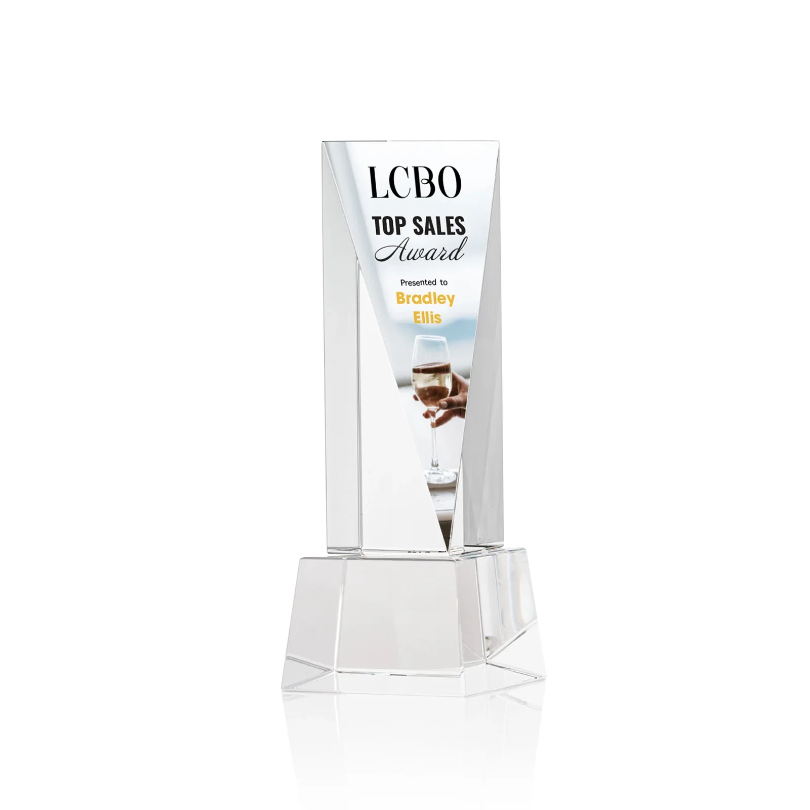 Promotional Optical Crystal Elongated Triangle Award on Square Base for sales achievement awards
