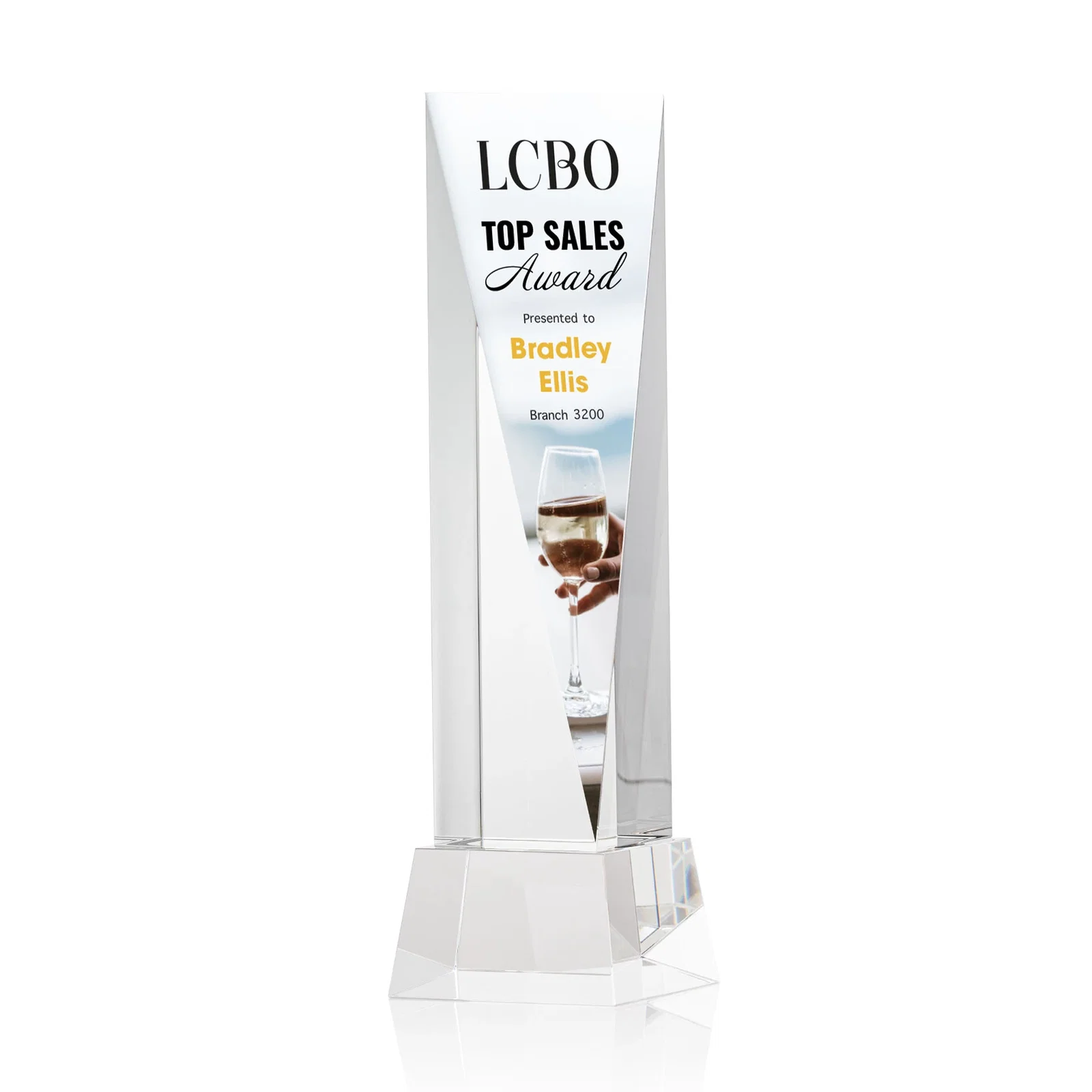 Promotional Optical Crystal Elongated Triangle Award on Square Base for team milestone celebrations