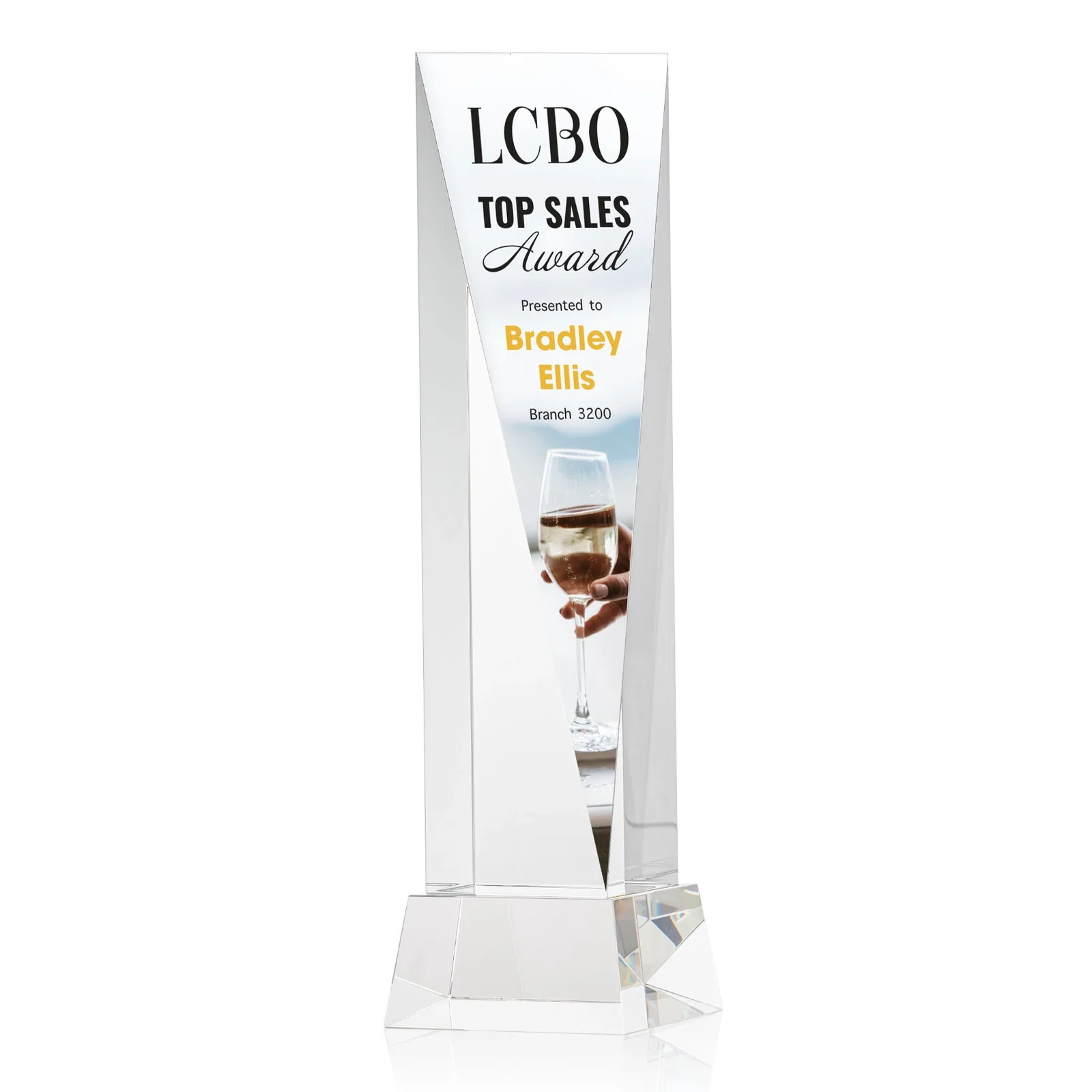 Promotional Optical Crystal Elongated Triangle Award on Square Base for donor appreciation
