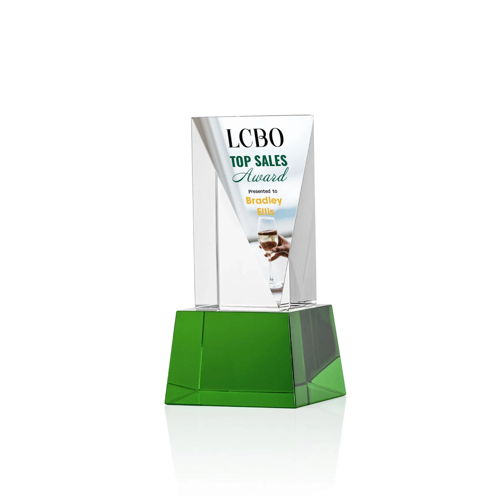 Promotional Optical Crystal Elongated Triangle Award on Square Base for safety achievement programs