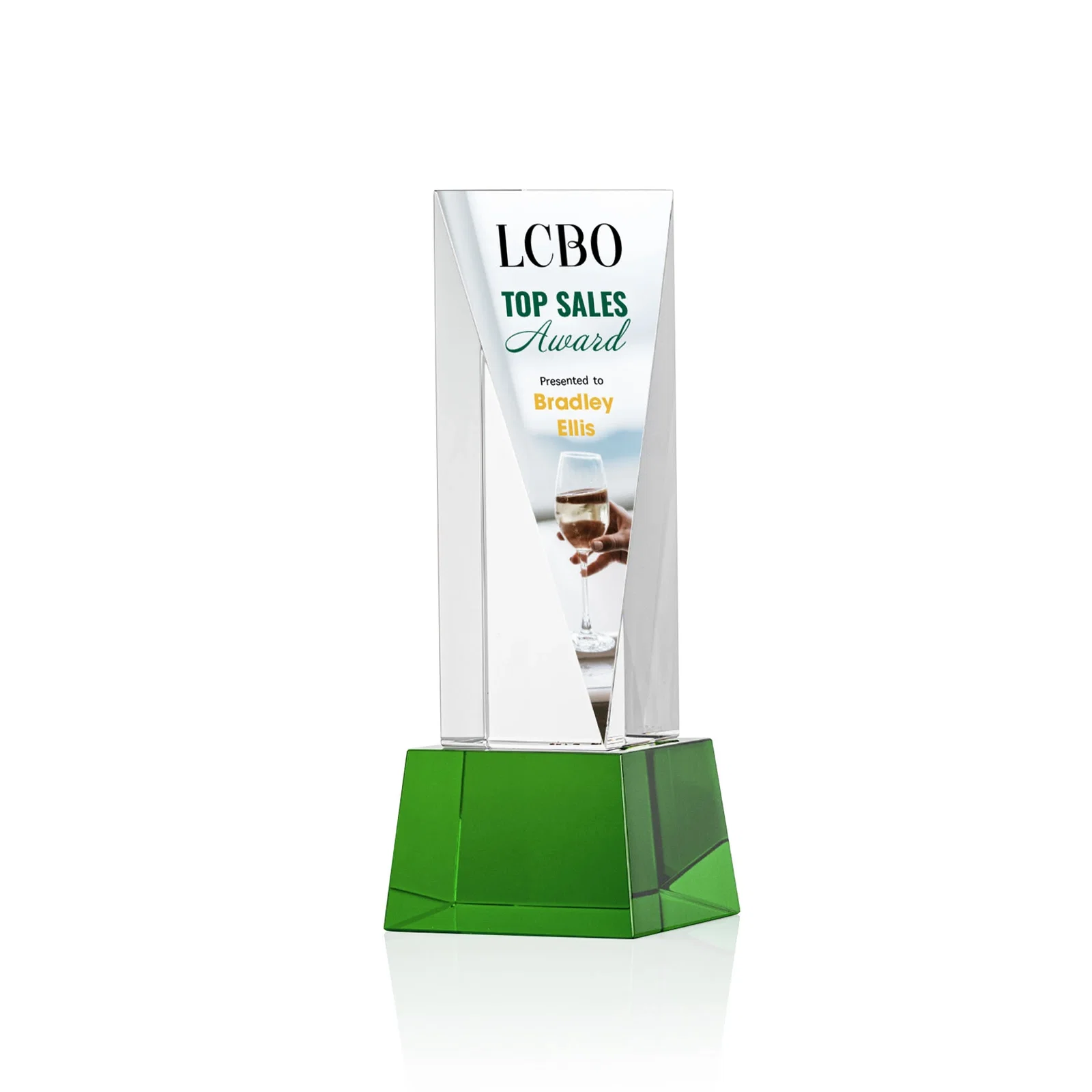 Promotional Optical Crystal Elongated Triangle Award on Square Base for volunteer appreciation