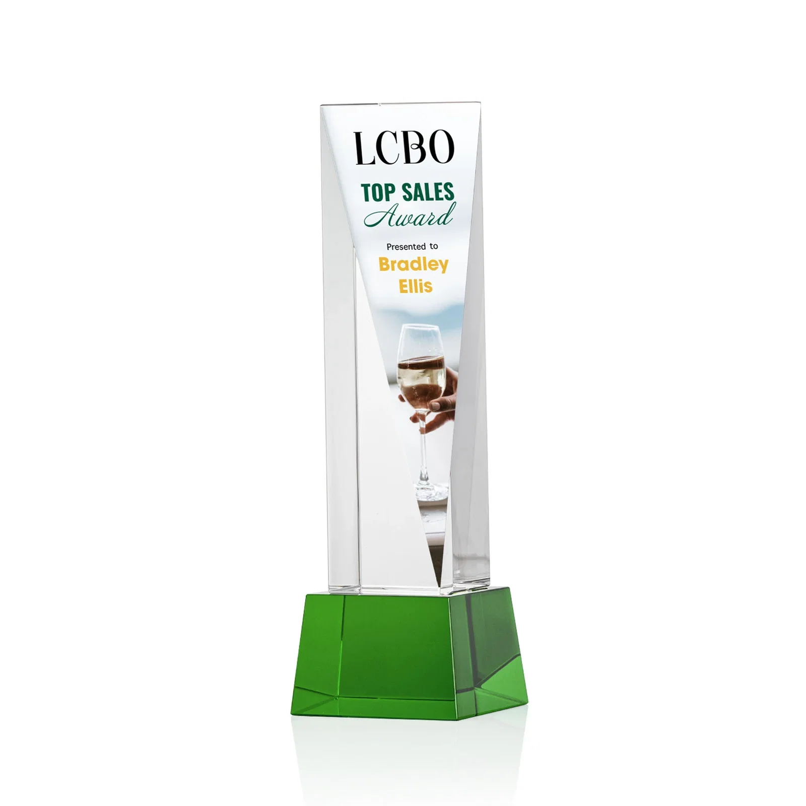 Promotional Optical Crystal Elongated Triangle Award on Square Base for dealer and partner awards
