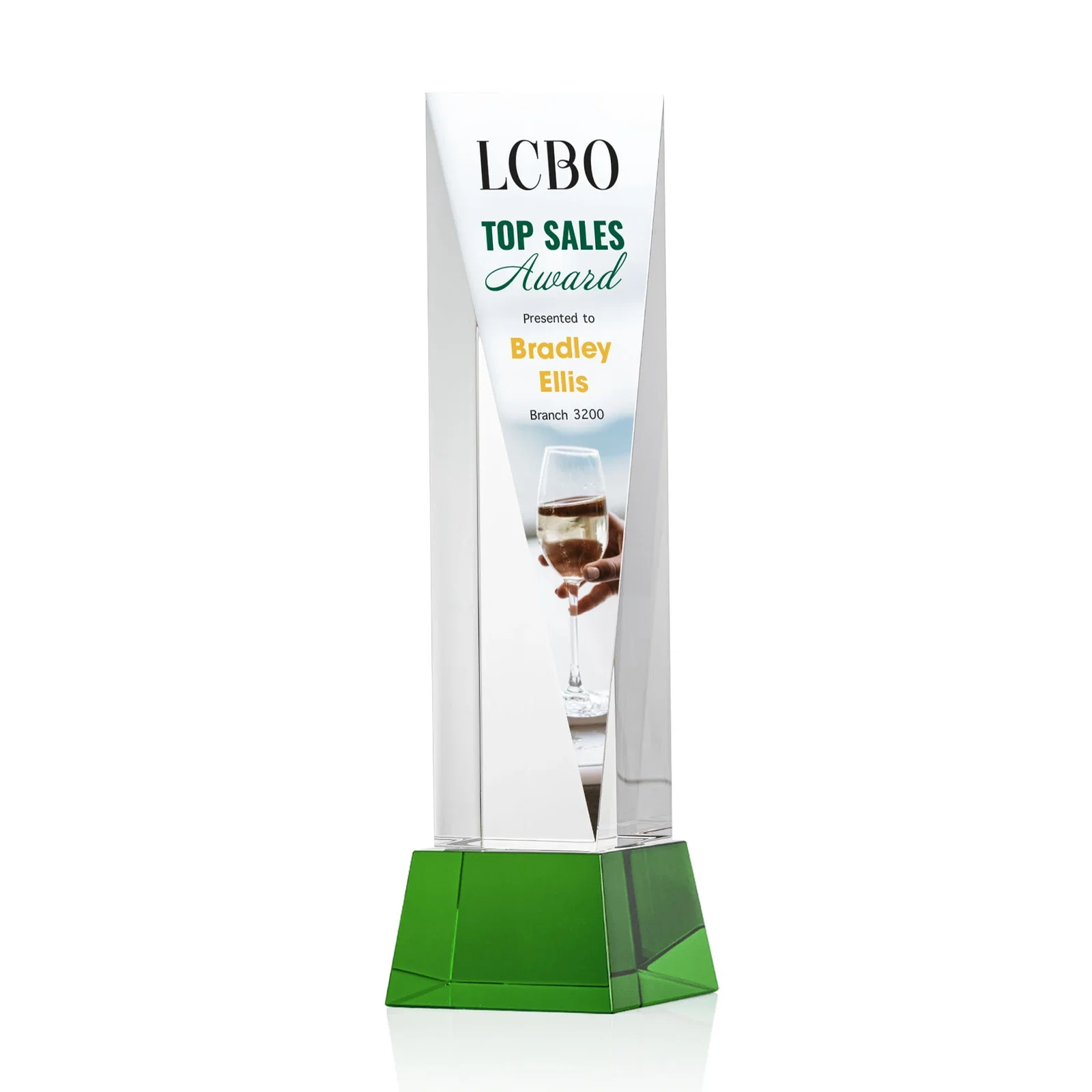 Promotional Optical Crystal Elongated Triangle Award on Square Base for company anniversary events
