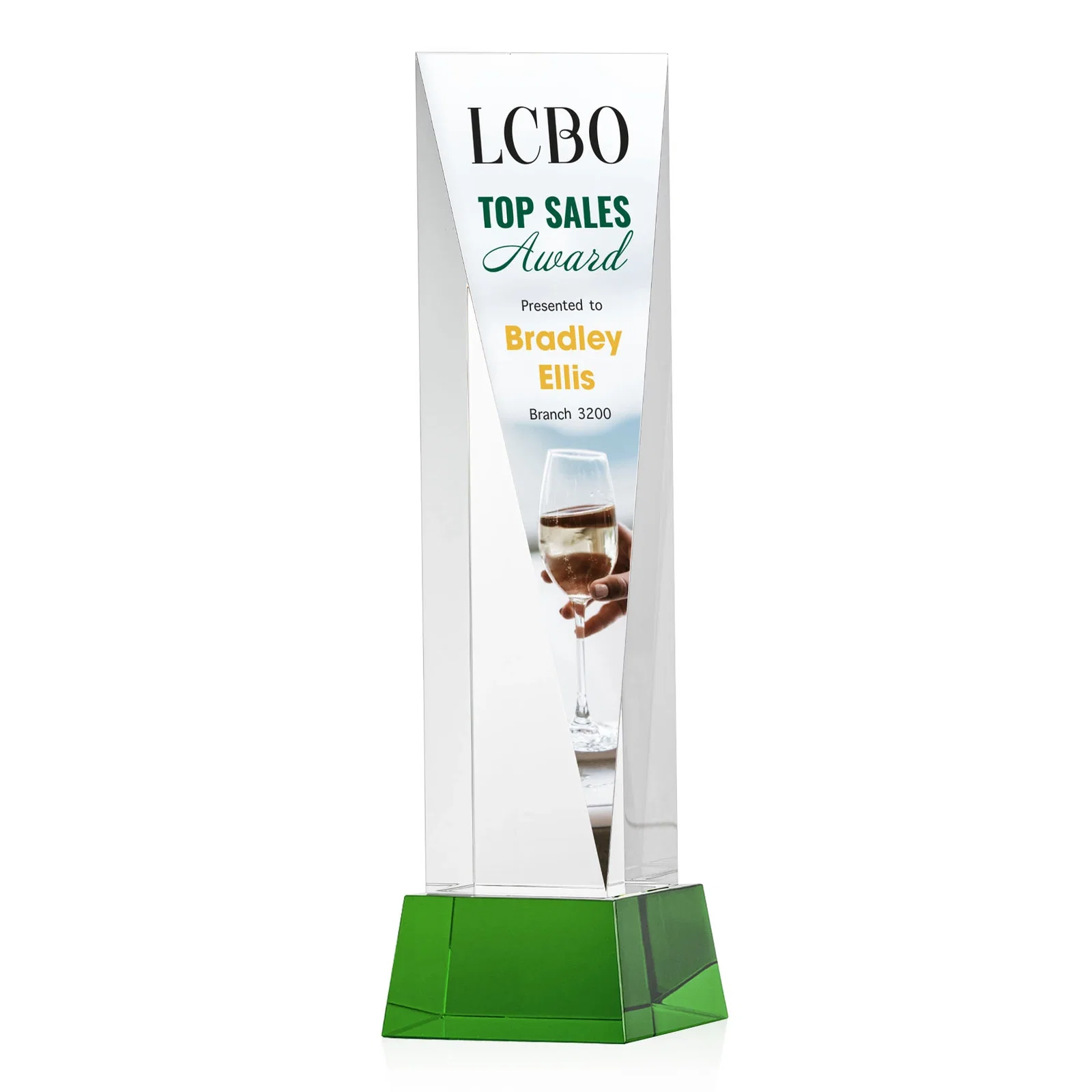 Branded Optical Crystal Elongated Triangle Award on Square Base for employee recognition