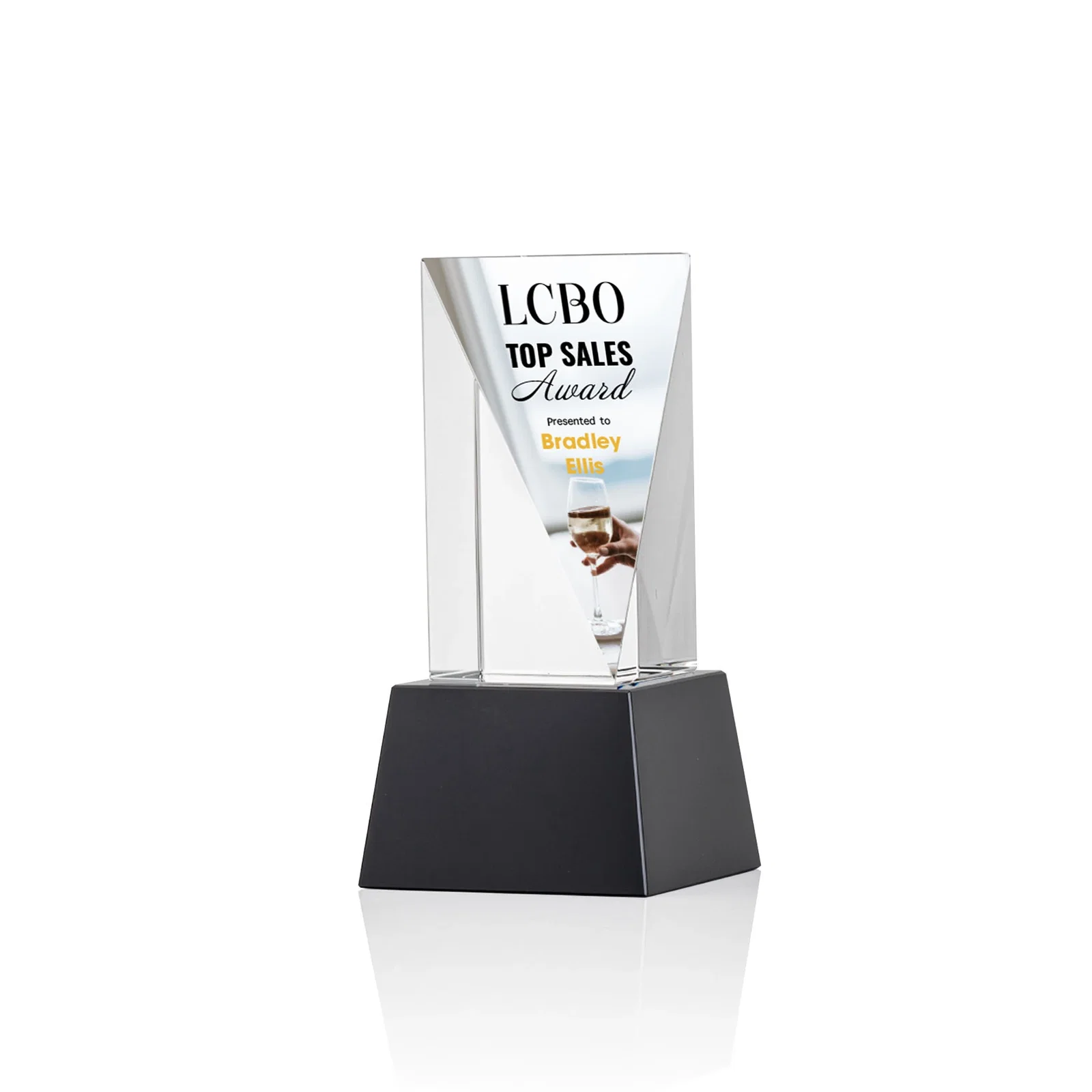 Branded Optical Crystal Elongated Triangle Award on Square Base for service anniversary gifts