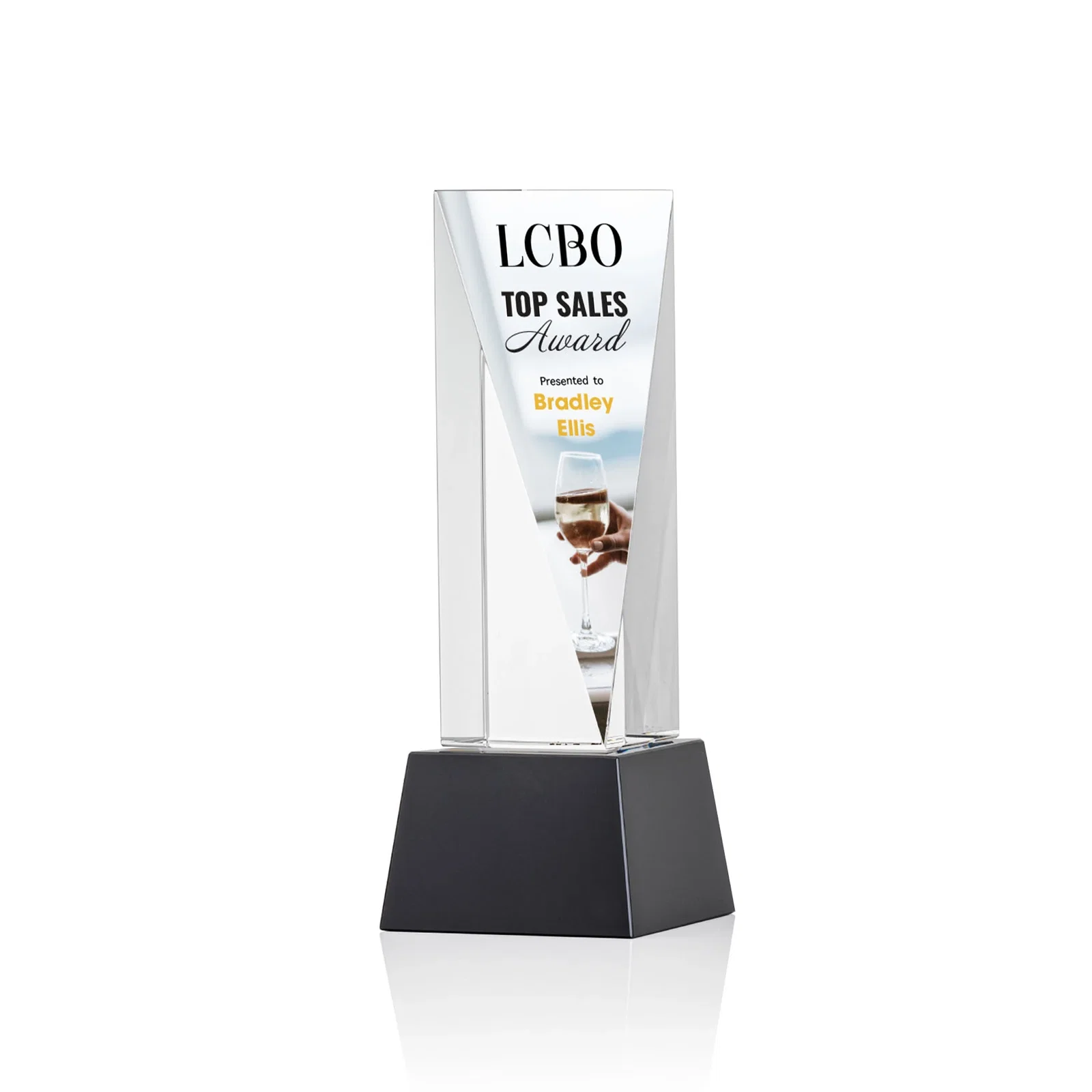 Branded Optical Crystal Elongated Triangle Award on Square Base for sales achievement awards
