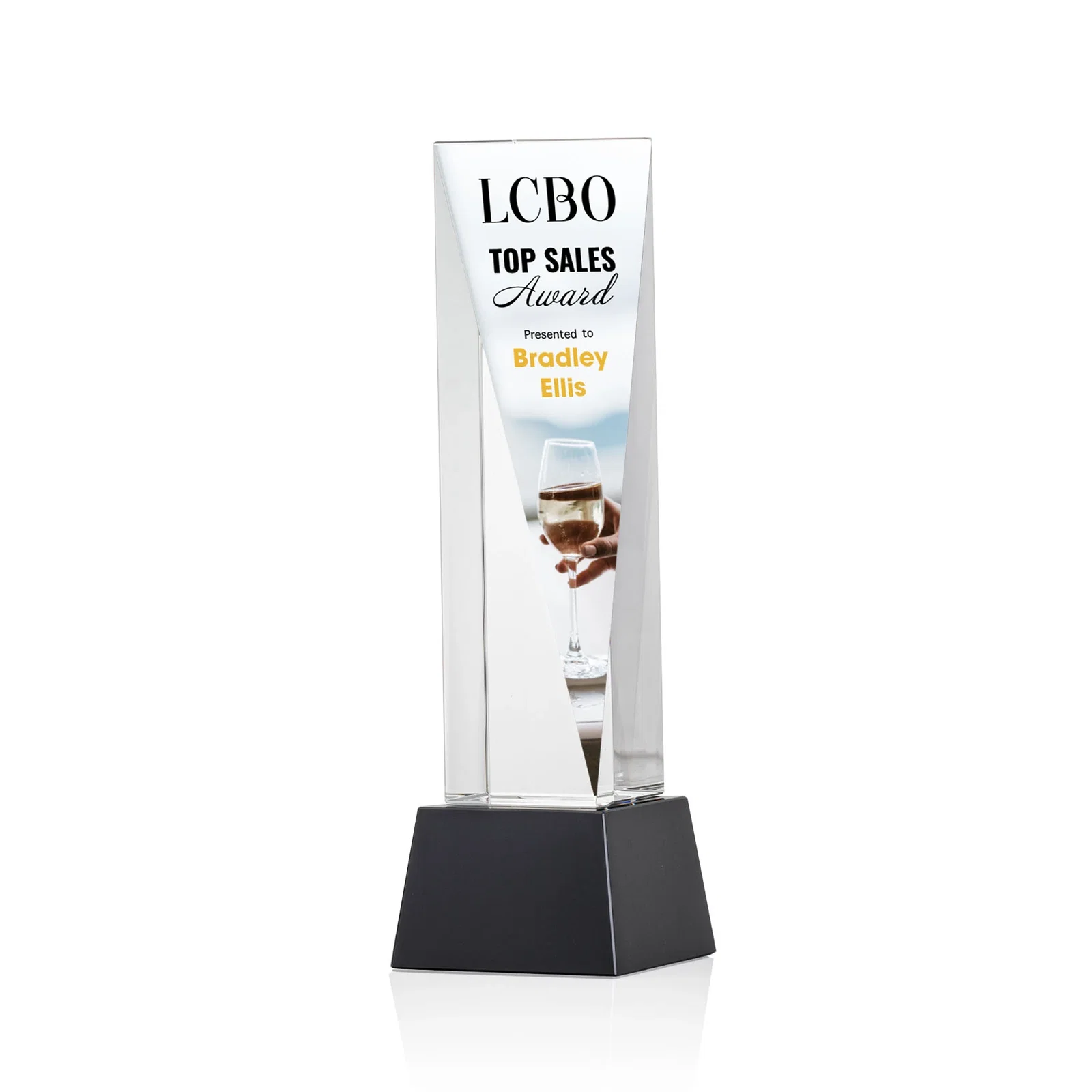 Branded Optical Crystal Elongated Triangle Award on Square Base for retirement presentations