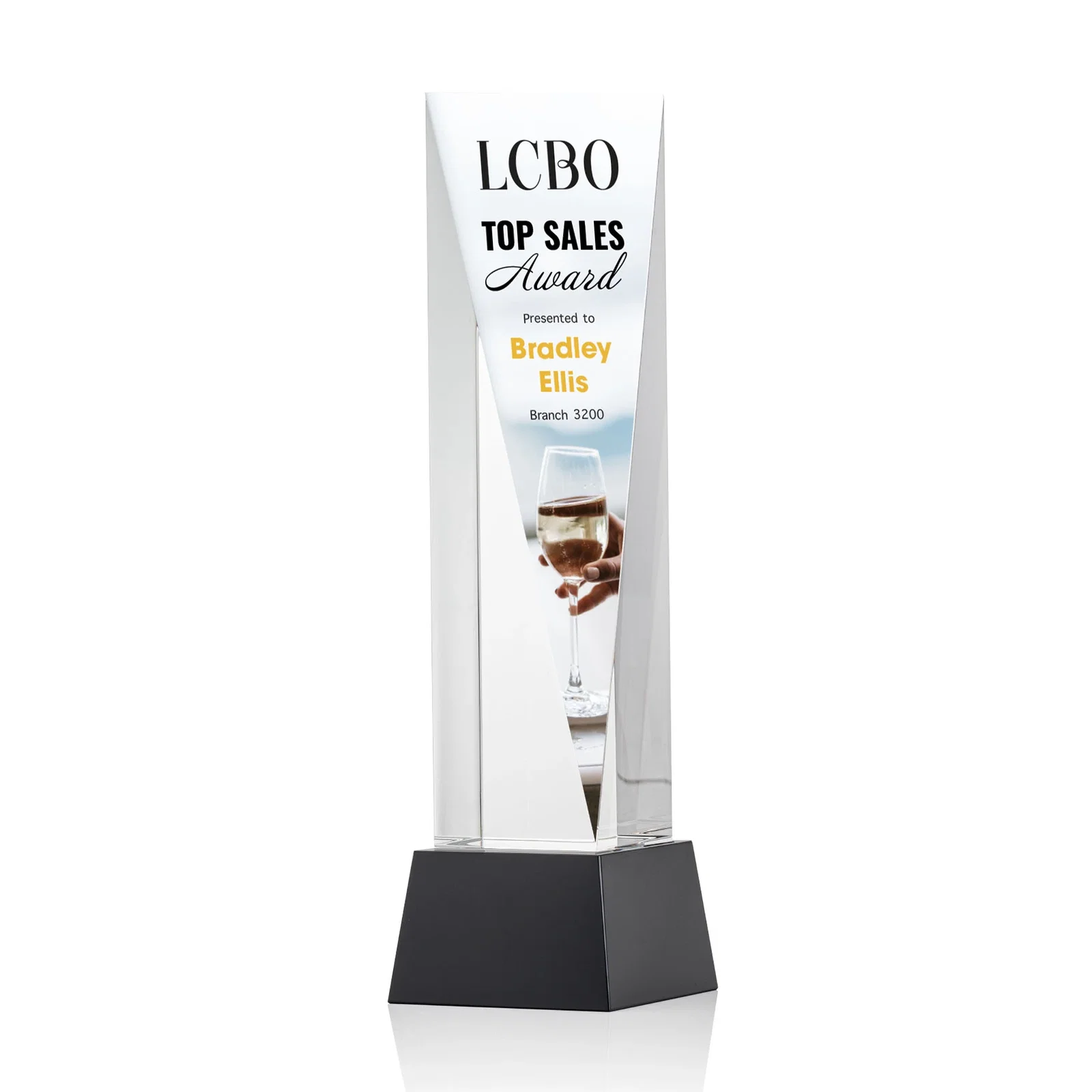 Branded Optical Crystal Elongated Triangle Award on Square Base for team milestone celebrations