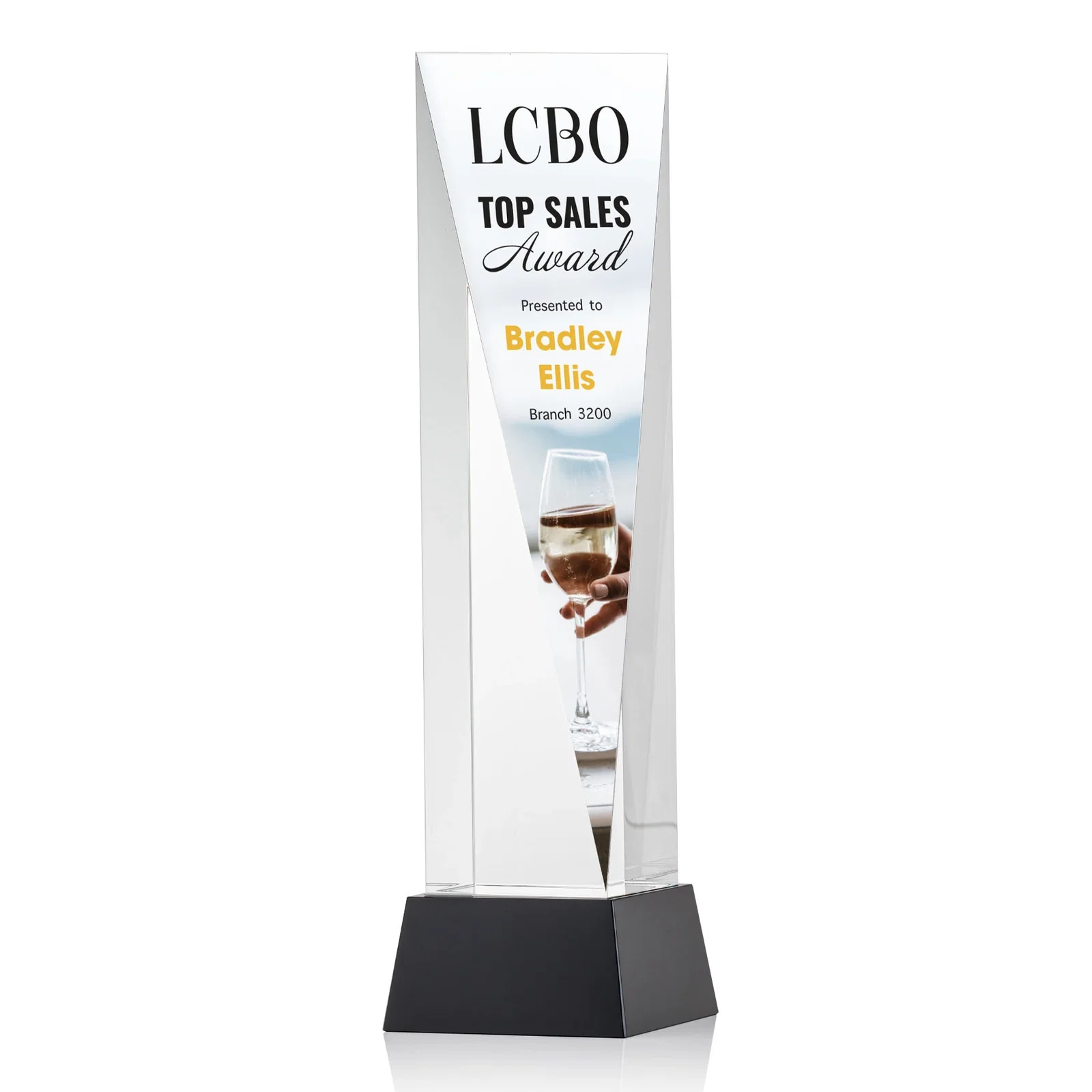 Branded Optical Crystal Elongated Triangle Award on Square Base for donor appreciation