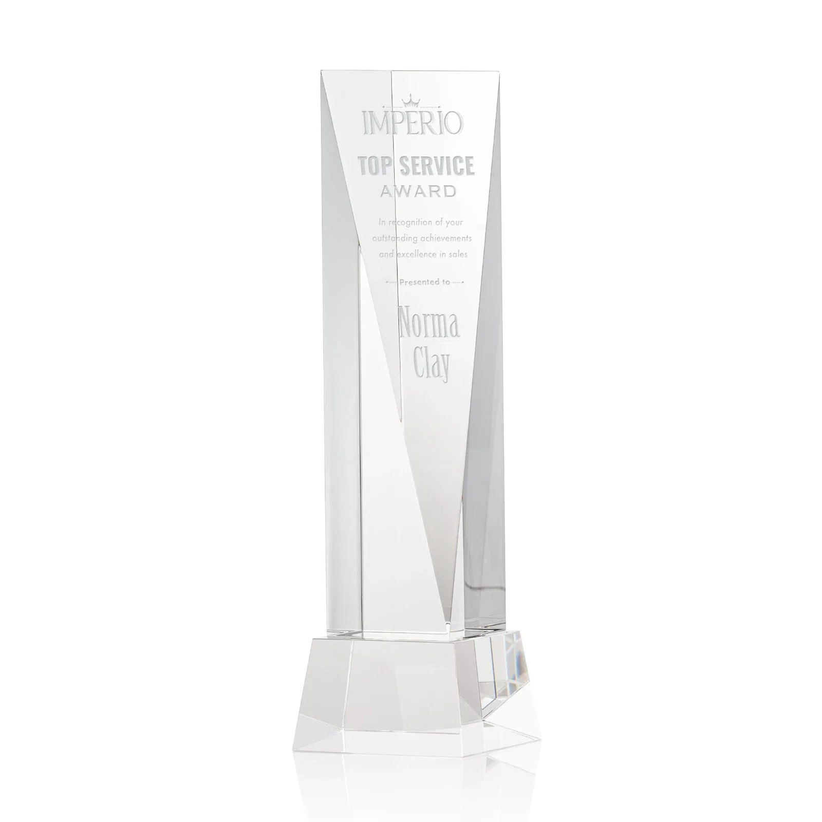 Custom Optical Crystal Elongated Triangle Award on Square Base for retirement presentations