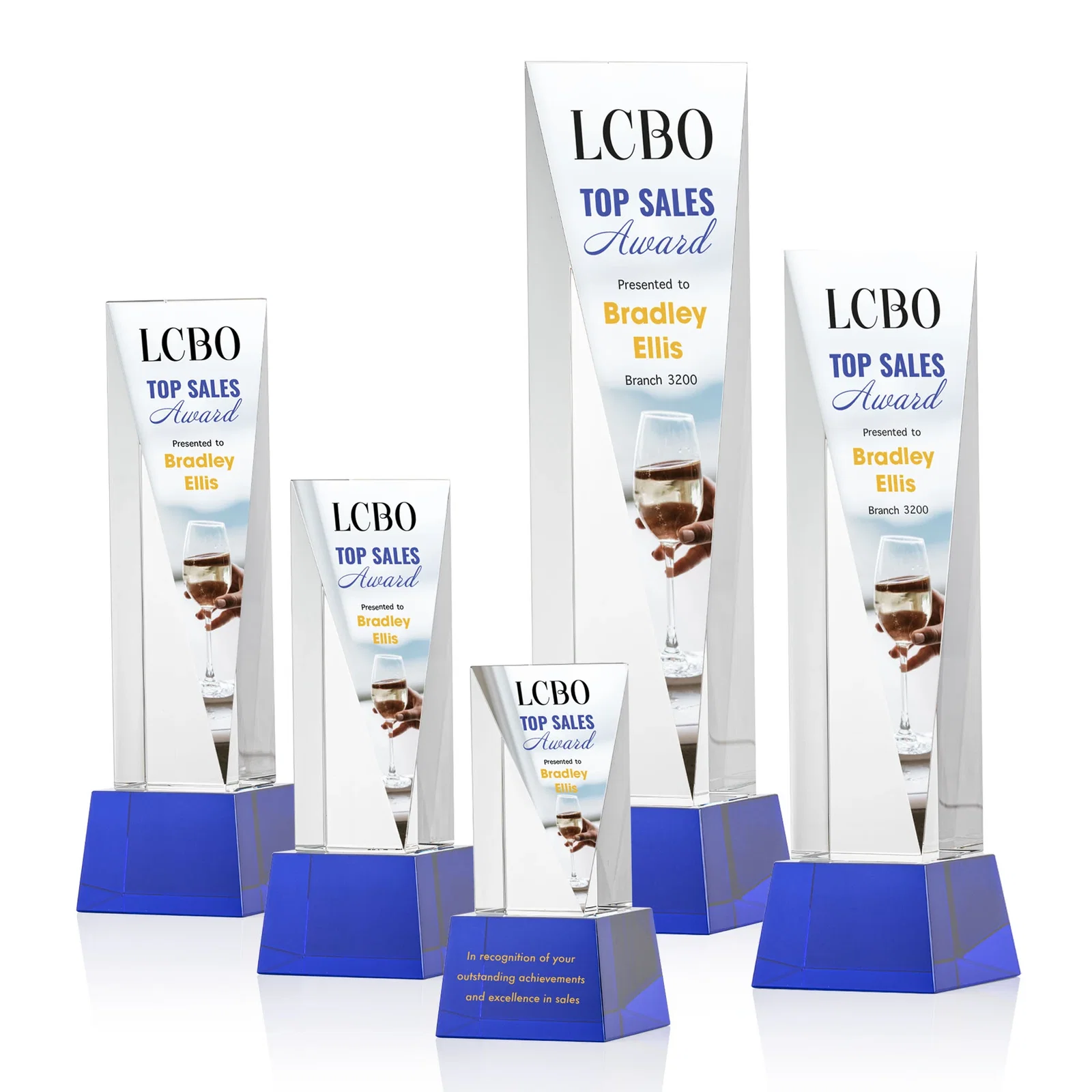 Branded Optical Crystal Elongated Triangle Award on Square Base for graduation ceremonies