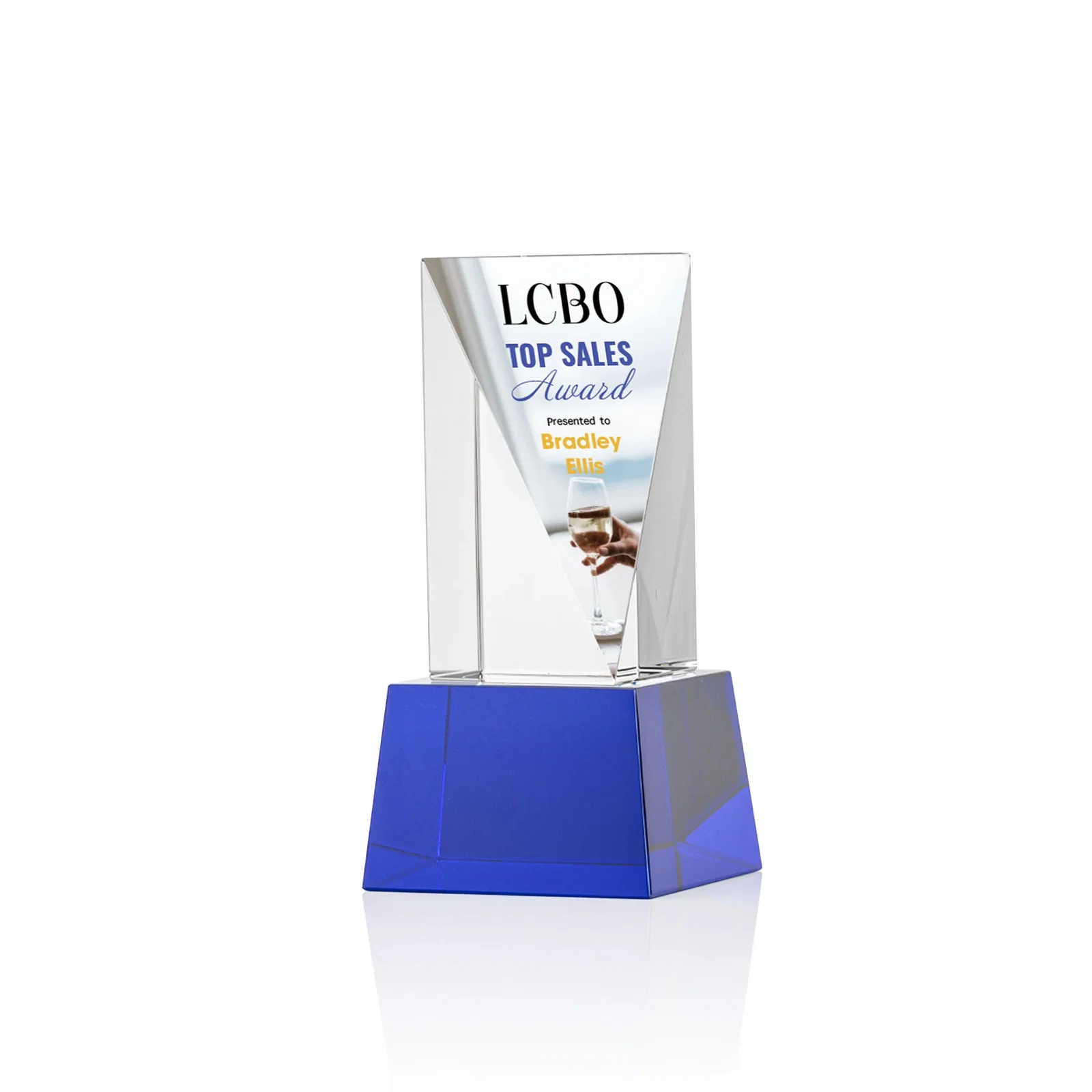 Branded Optical Crystal Elongated Triangle Award on Square Base for safety achievement programs