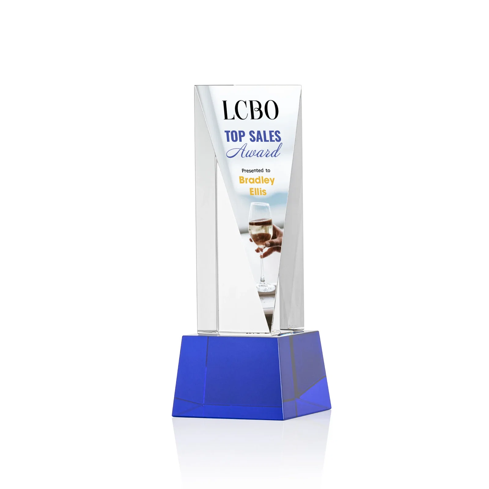 Branded Optical Crystal Elongated Triangle Award on Square Base for volunteer appreciation