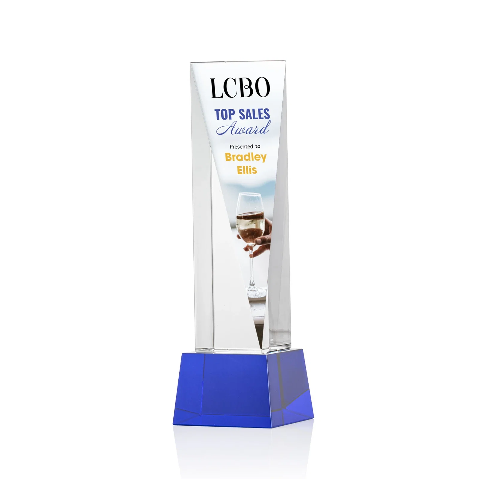 Branded Optical Crystal Elongated Triangle Award on Square Base for dealer and partner awards