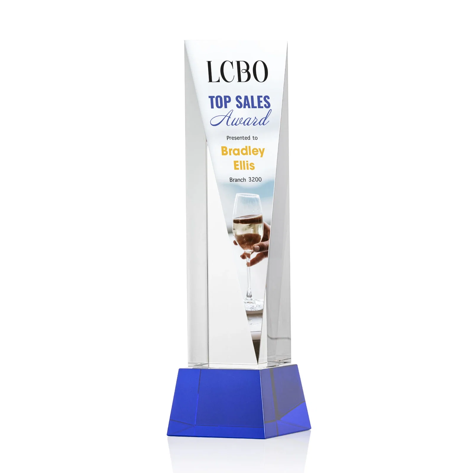 Branded Optical Crystal Elongated Triangle Award on Square Base for company anniversary events
