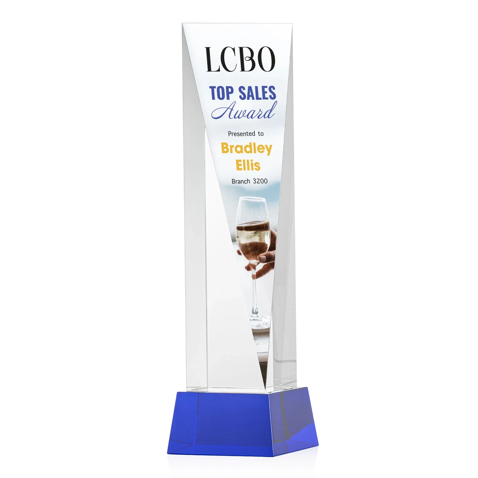 Custom printed Optical Crystal Elongated Triangle Award on Square Base for employee recognition