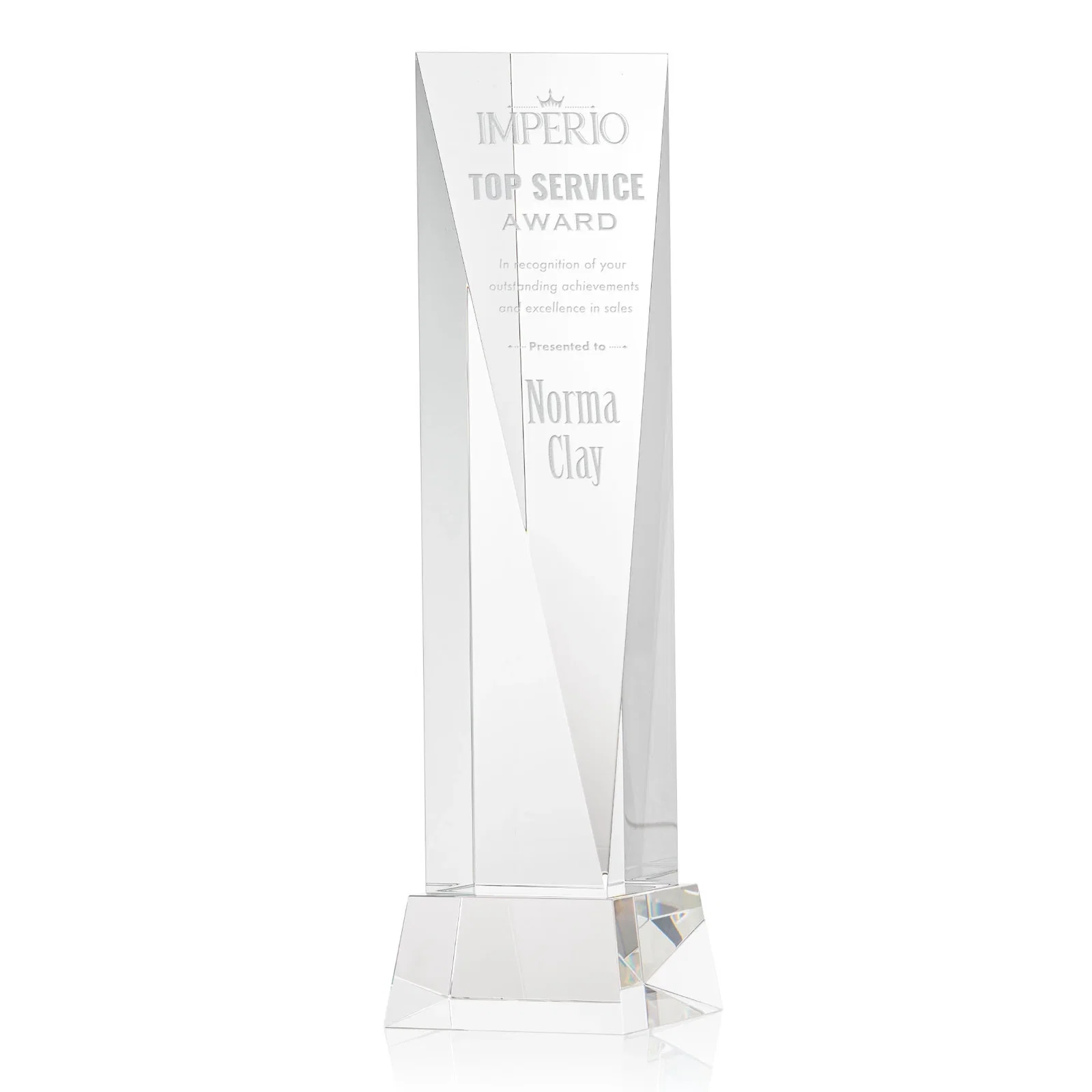 Custom Optical Crystal Elongated Triangle Award on Square Base for team milestone celebrations