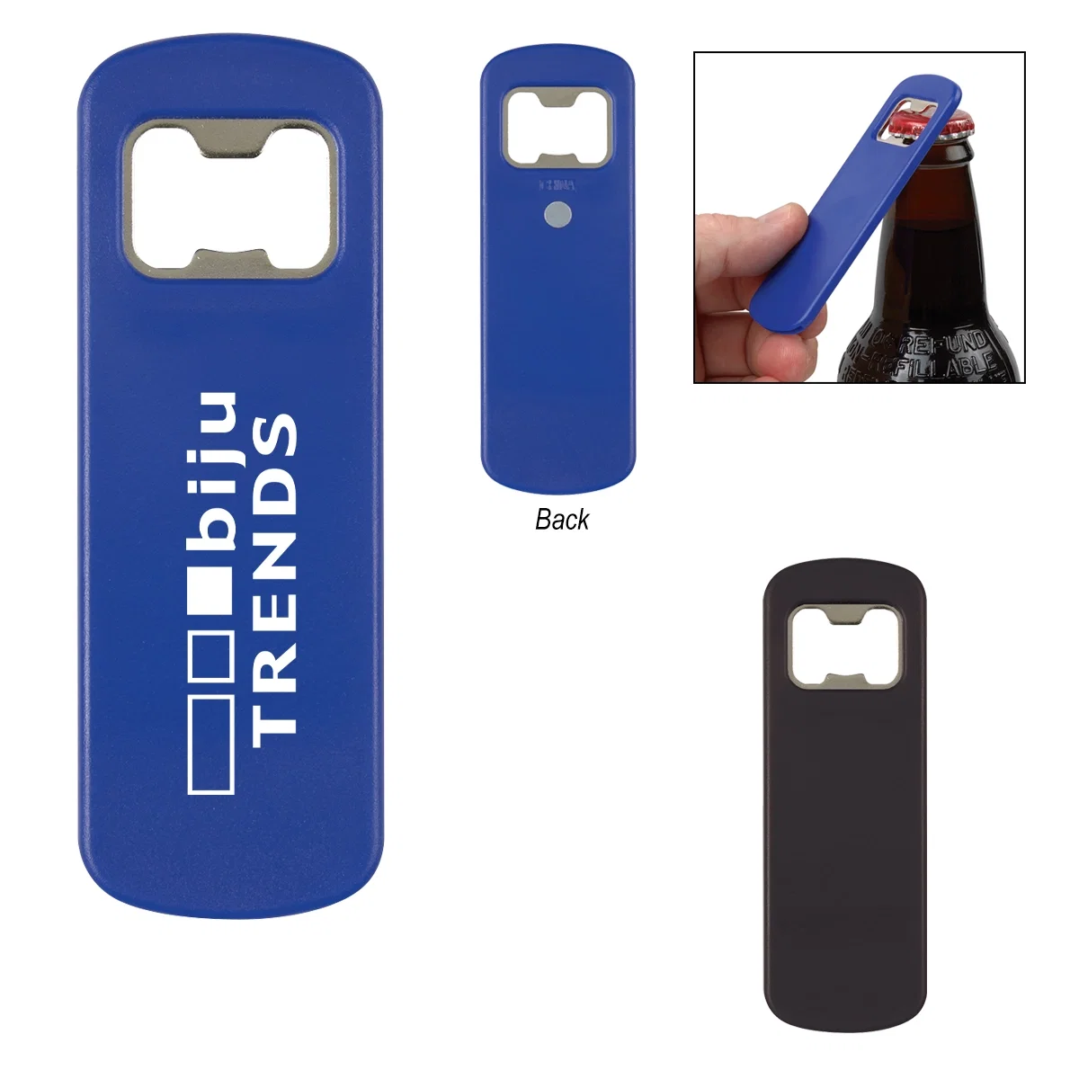Custom bottle opener standing four inches tall with a slim grip