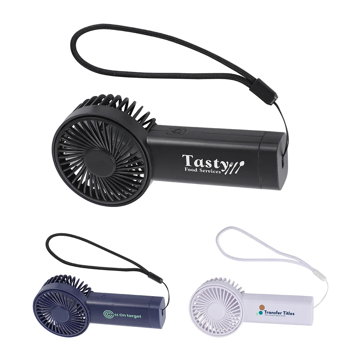 Custom Easy Breeze rechargeable hand fan, front view of the branded fan