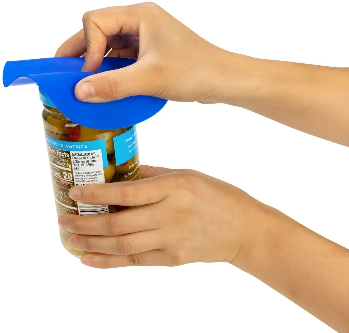 Custom silicone jar opener used on a jar lid, in-use view