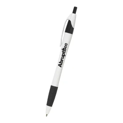 Blue plastic ballpoint pen standing upright against a plain white background