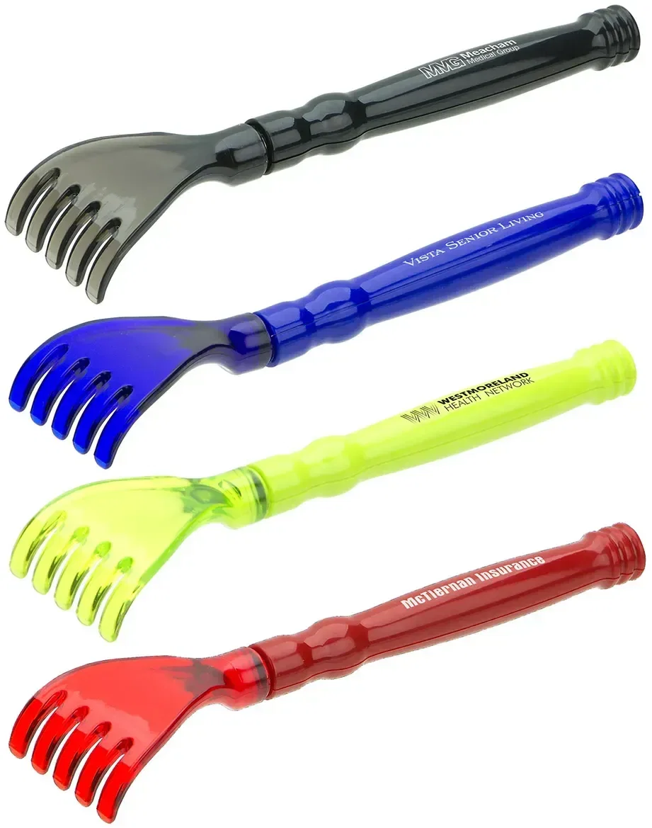 Easy Reach telescoping back scratcher, branded custom back scratcher collapsed, front view