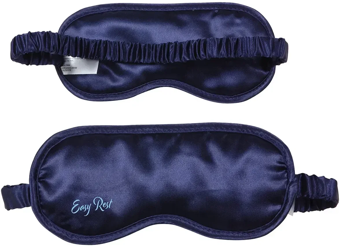 Promotional Easy Rest Lavender Satin Sleep Mask worn for rest, branded lavender-filled satin sleep mask in use