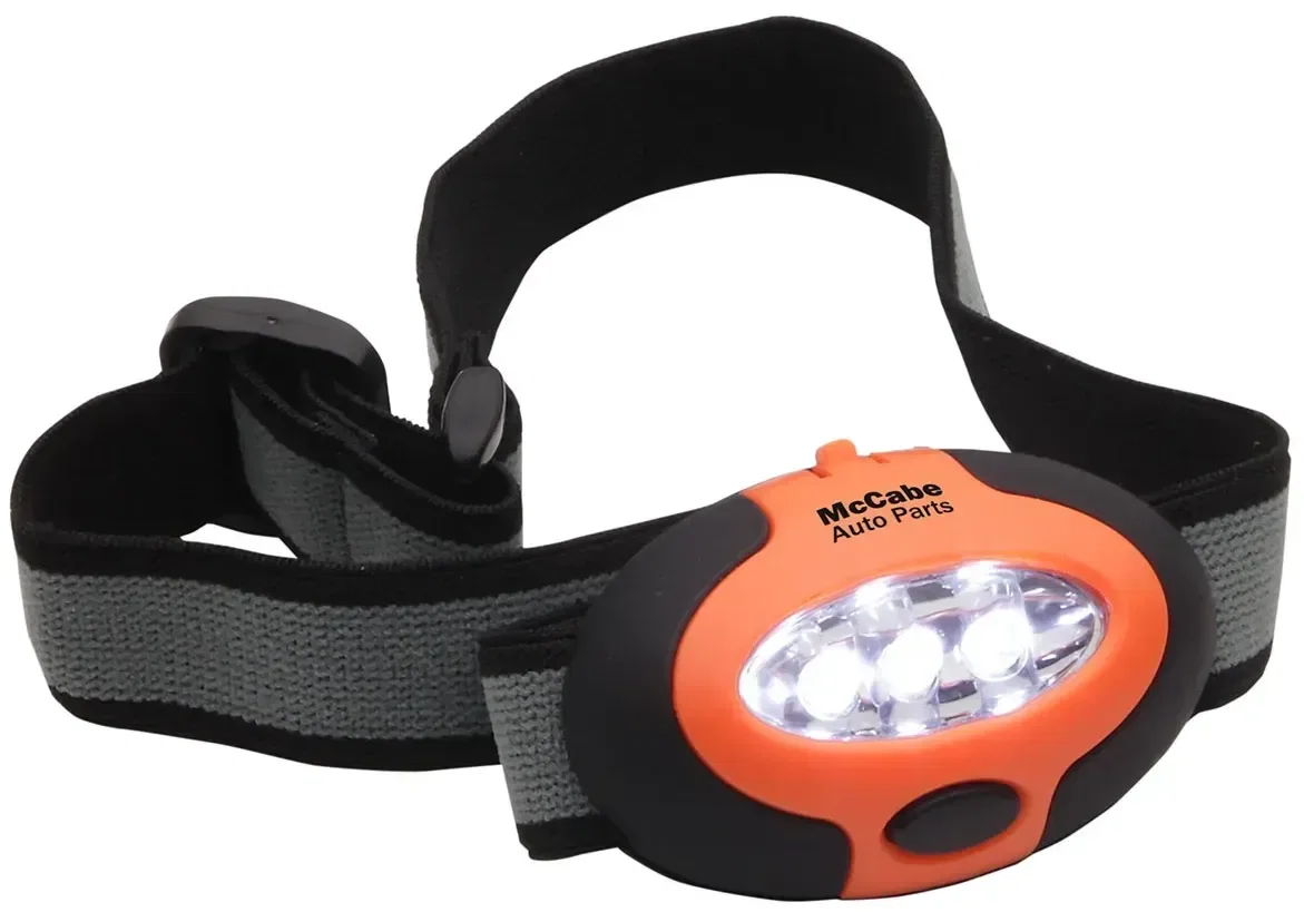 Easy See custom branded 3-LED headlamp front view with adjustable strap and logo area