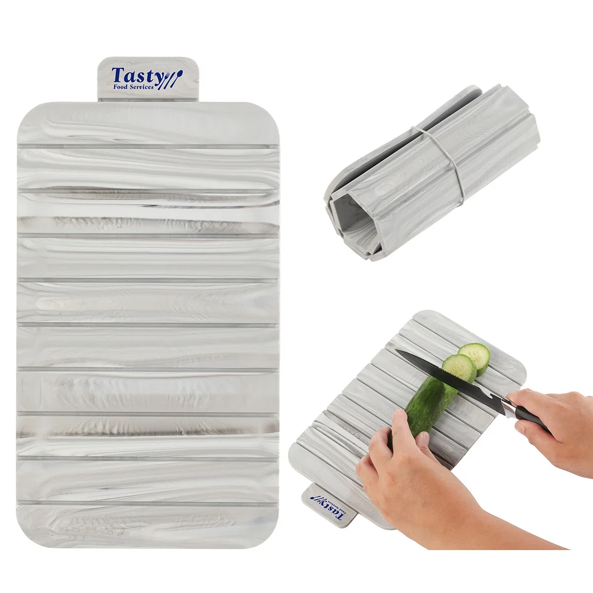 Foldable silicone cutting board with a marble-effect finish and a matching storage ring