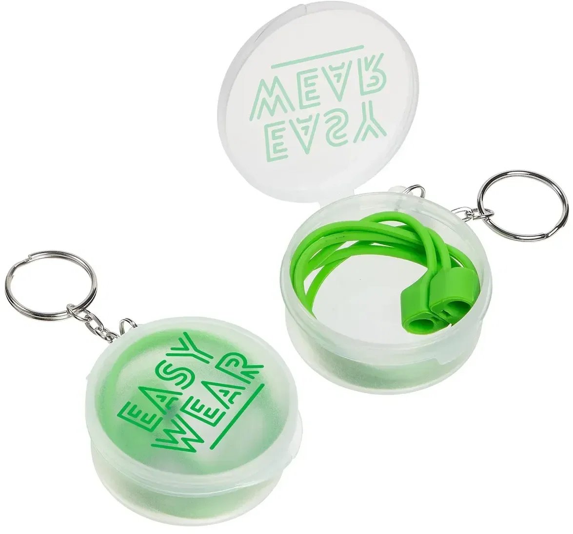 Branded Easy-Wear magnetic holder clasping eyeglasses by its logo-ready ends