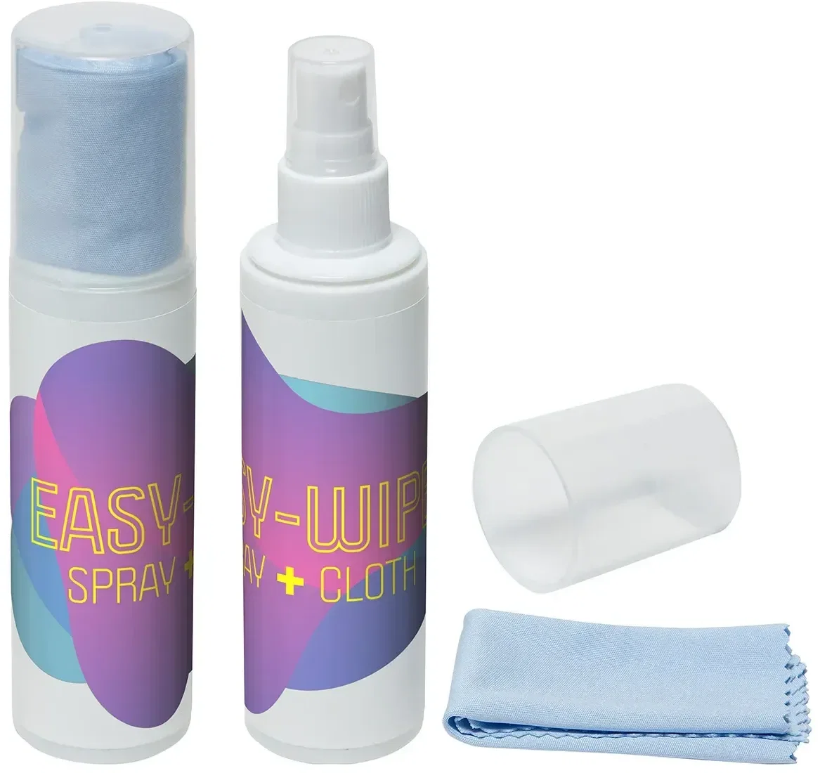 Easy-Wipe cleaning spray and microfiber cloth, custom branded device cleaning kit, hero view