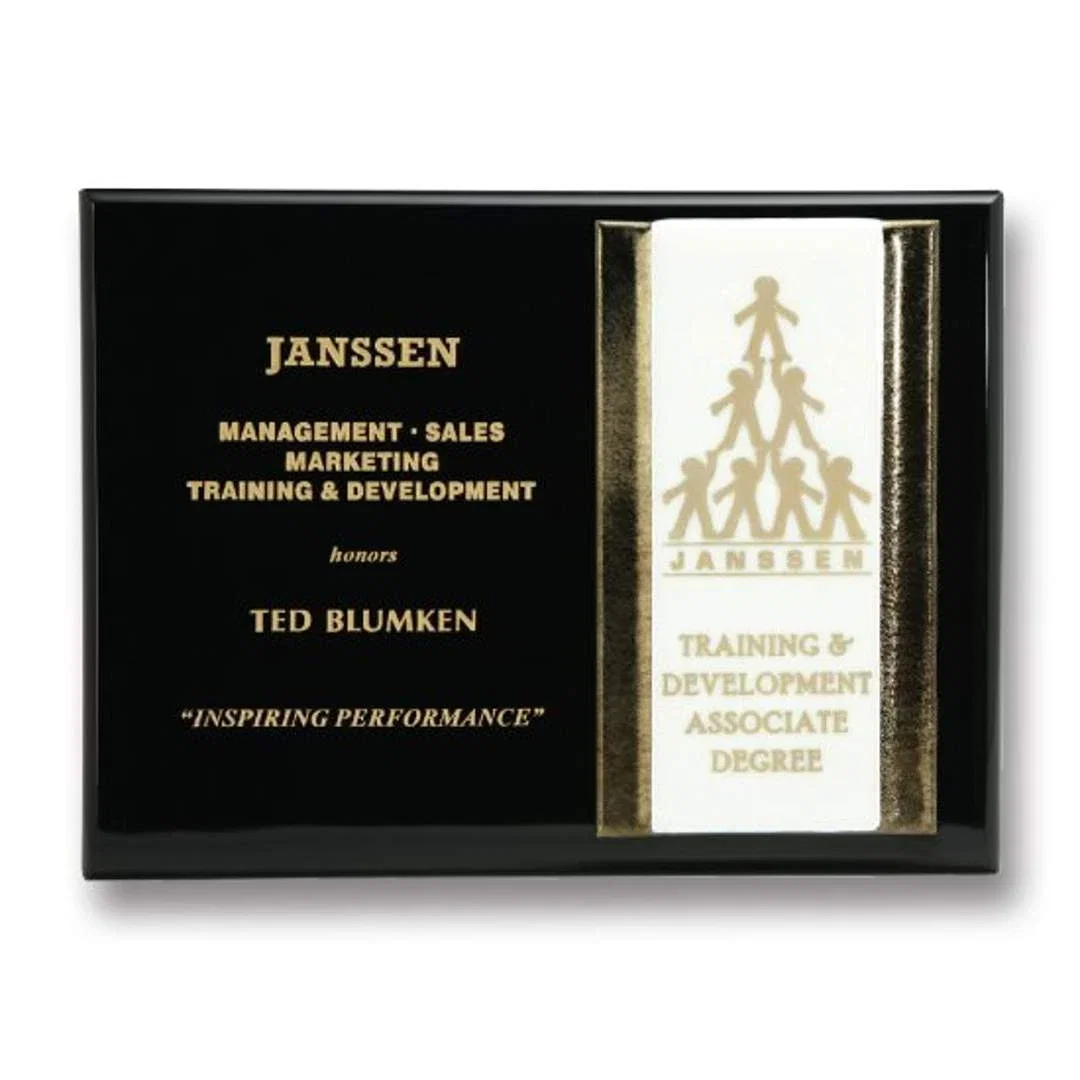 Custom Glass Plaque With Raised Gold and Ebony Panel on Piano Wood for service anniversary gifts