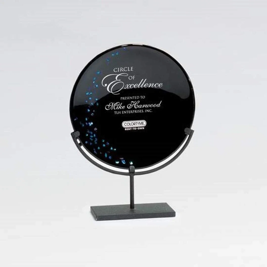 Custom Black Opal Glass Round Plate Award, Fused and Slumped for corporate award ceremonies