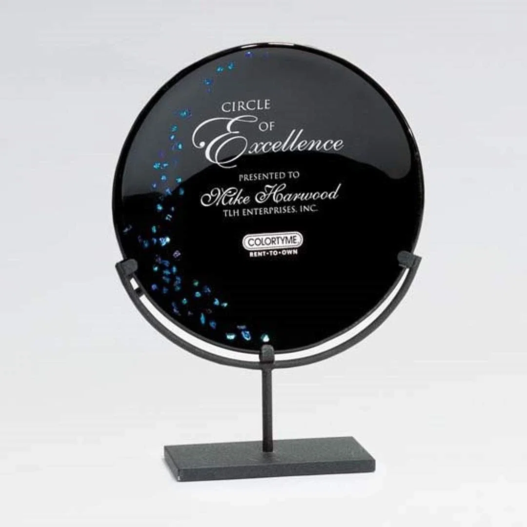 Custom Black Opal Glass Round Plate Award, Fused and Slumped for service anniversary gifts