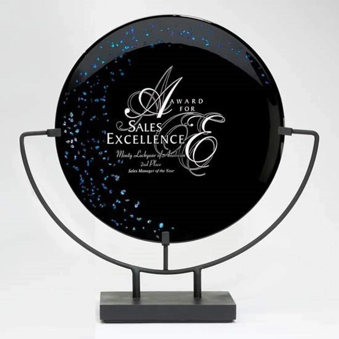 Custom Black Opal Glass Round Plate Award, Fused and Slumped for sales achievement awards