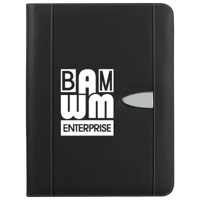 Bonded leather portfolio with zip closure and calculator, shown closed