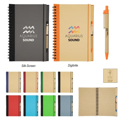 Branded spiral notebook paired with a matching pen, seven by ten inches