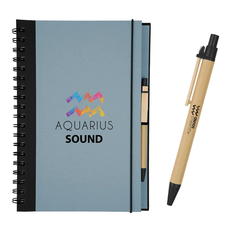 Wide framing of the spiral notebook with open space around it